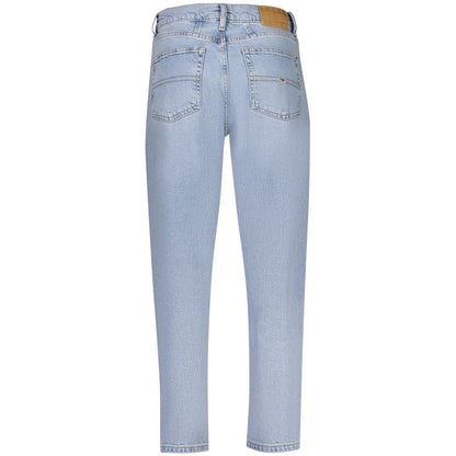 Back view of Tommy Hilfiger Blue Cotton Women Jeans in striking light blue with high-rise, sustainable materials and brand embroidery.