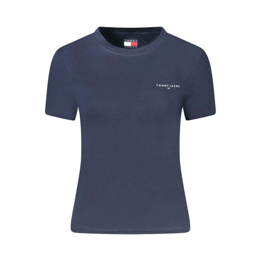 Tommy Hilfiger Blue Cotton Women T-Shirt with crew neck and logo print, made from 95% regenerative cotton.