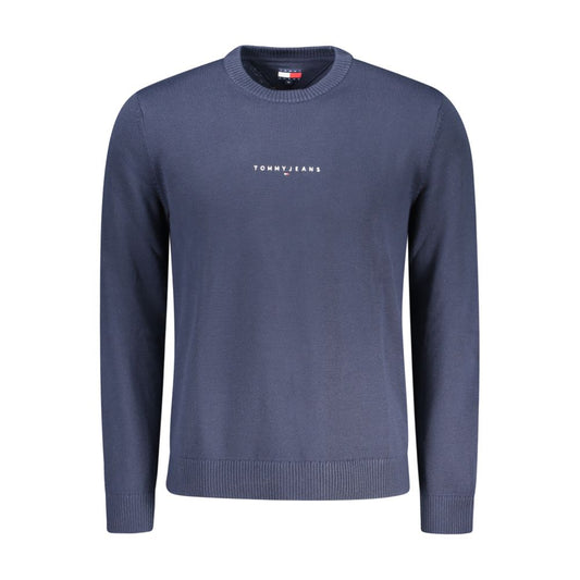 Tommy Hilfiger Blue Polyester Men Sweater with crew neck and embroidered logo, featuring eco-friendly recycled materials for style and comfort.