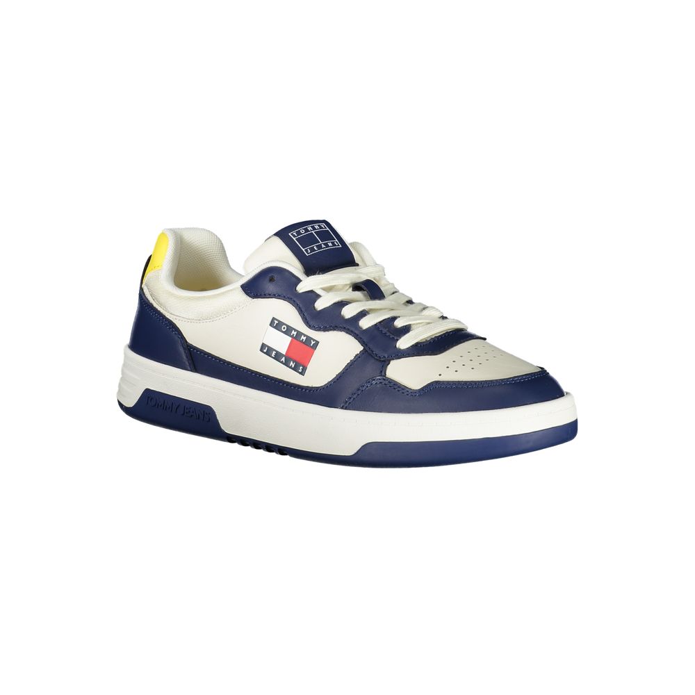 Tommy Hilfiger Blue Polyethylene Men Sneaker with logo and yellow accents, featuring white laces and removable insole for comfort.