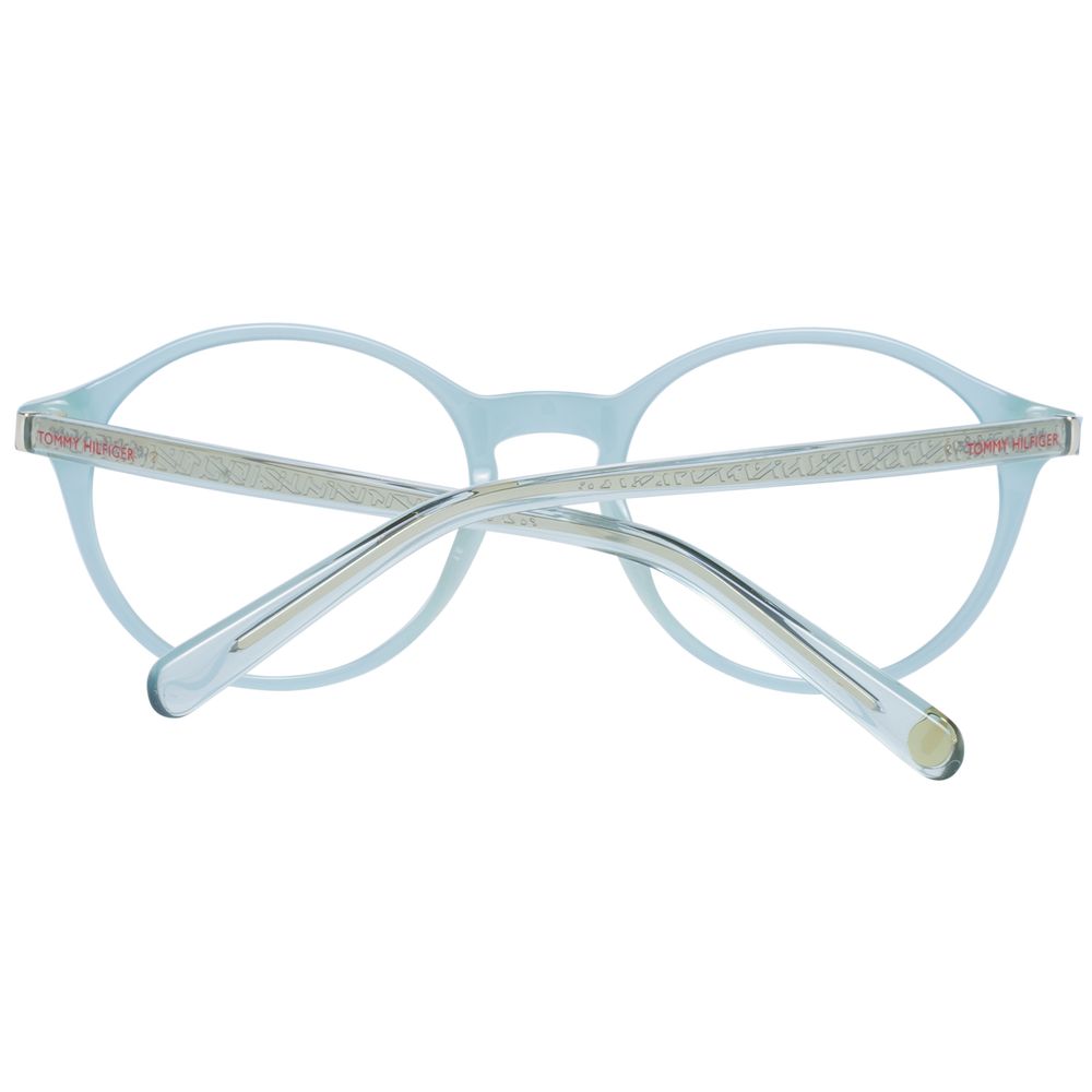 Tommy Hilfiger Blue Women Glasses Frame, full-rim round plastic design with demo lenses, includes branded case for protection.