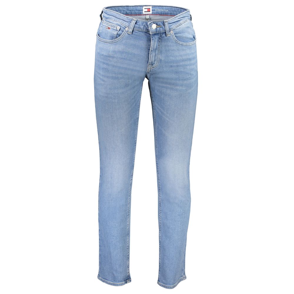 Tommy Hilfiger Light Blue Cotton Men Jeans featuring a slim fit and designer logo, ideal for stylish and comfortable everyday wear.