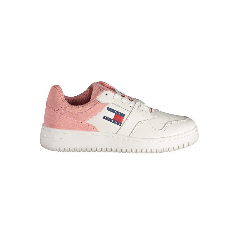 Alt Tag: Tommy Hilfiger Pink Polyester Sneaker with logo and contrast details, sports footwear with laces