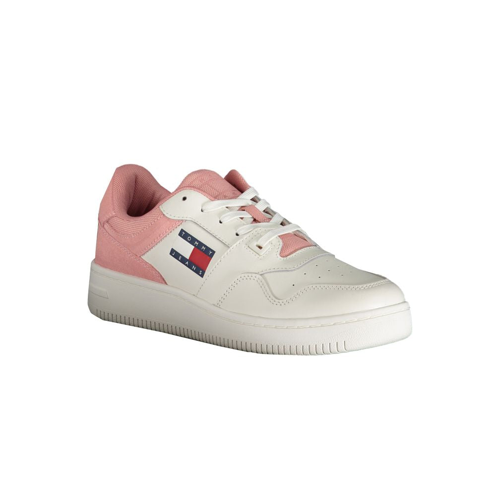 Tommy Hilfiger Pink Polyester Sneaker with laces, contrast details, and logo displayed on the side.
