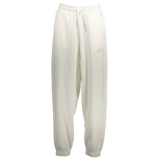 Tommy Hilfiger White Cotton Pant featuring elastic waistband, laces, dual pockets, embroidery logo, made from recycled fiber blend.