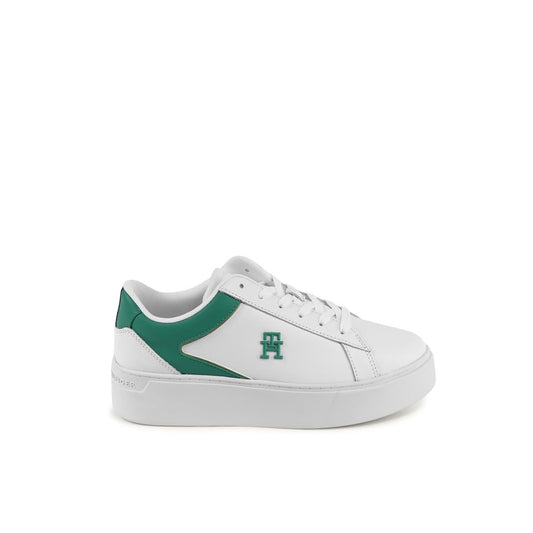 Tommy Hilfiger White Leather Low Top Sneakers for women, featuring green accents, leather composition, made in Vietnam.