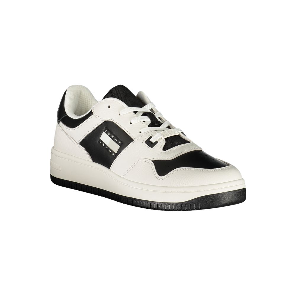 Tommy Hilfiger White Leather Mens Sneaker with black accents and logo, showcasing comfort and style with a modern lace-up design.