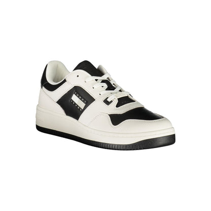Tommy Hilfiger White Leather Mens Sneaker with black accents and logo, showcasing comfort and style with a modern lace-up design.