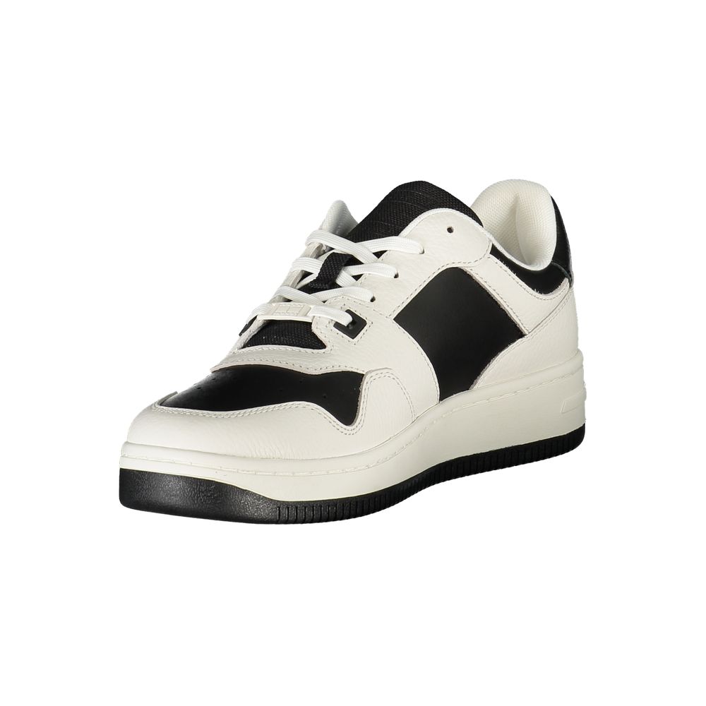 Tommy Hilfiger White Leather Mens Sneaker with black details, lace-up design, removable footbed, and iconic logo for style and comfort.