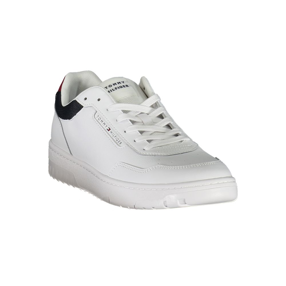 Tommy Hilfiger White Leather Sneaker with laces, sports shoe, removable insole, contrasting details, and printed logo design.