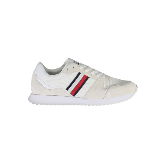 Tommy Hilfiger White Polyester Men Sneaker with recycled material and leather accents, eco-friendly fashion shoe.
