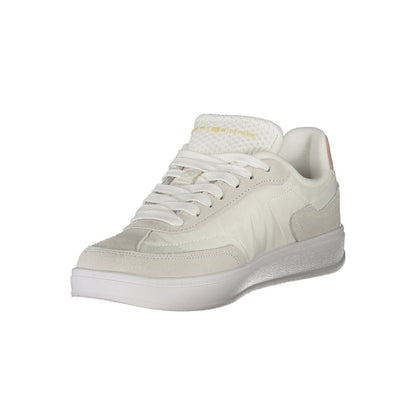 Tommy Hilfiger White Polyethylene Women Sneaker with pink accents and iconic embroidery, side view.