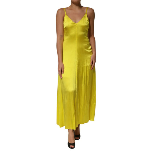 Tonello Yellow Silk Satin Slip Maxi Spaghetti Strap Maxi Dress with V-neckline, featuring elegant feminine silhouette, front view.