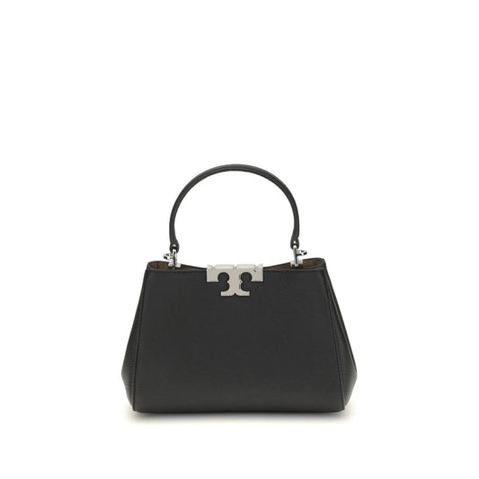 Tory Burch Black Calf Leather Bos Taurus Handbag with top handle and magnetic closure, featuring a sleek and versatile design.