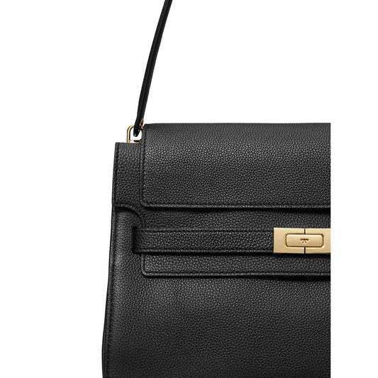 Tory Burch Lee Radziwill large leather handbag in black pebble leather with gold-tone hardware and clasp closure, single shoulder strap.