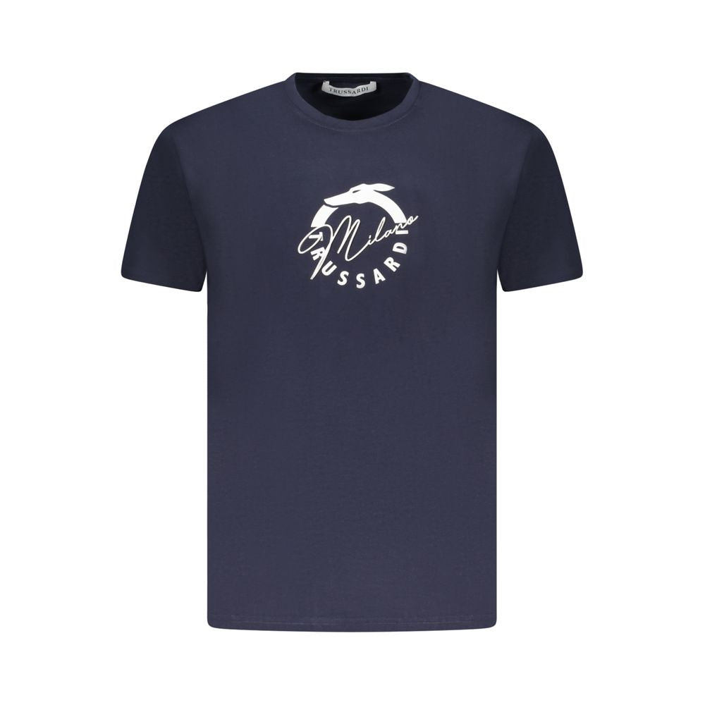 Trussardi Blue Cotton Men T-Shirt with iconic logo print, short sleeves, and classic crew neck for stylish comfort.