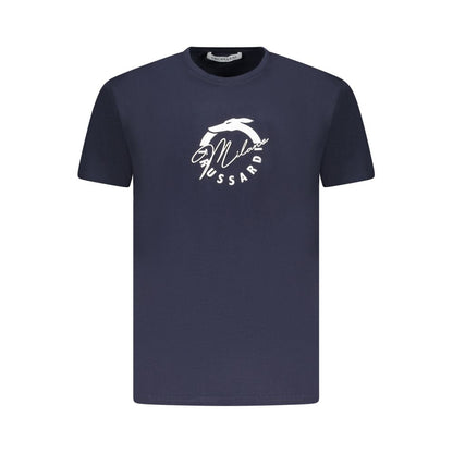 Trussardi Blue Cotton Men T-Shirt with iconic logo print, short sleeves, and classic crew neck for stylish comfort.