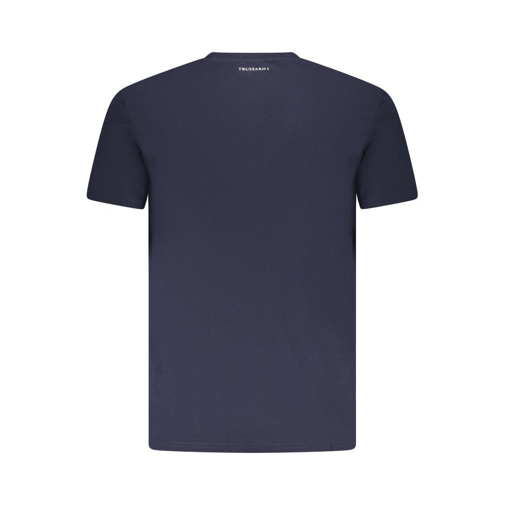 Trussardi Blue Cotton Men T-Shirt, short-sleeve, crew neck, iconic logo, trendsetting design, soft quality cotton, back view.