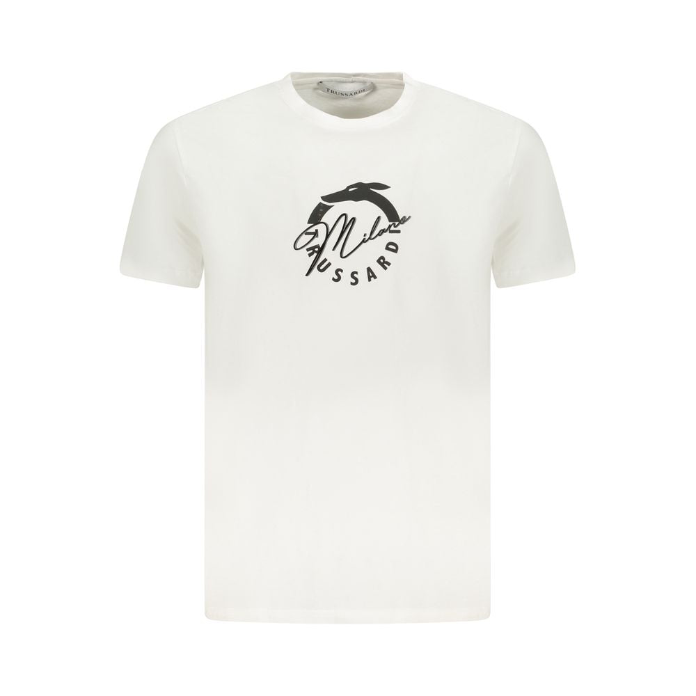 Trussardi White Cotton Men T-Shirt with iconic logo print on front, showcasing elegant style and soft cotton fabric for casual wear.