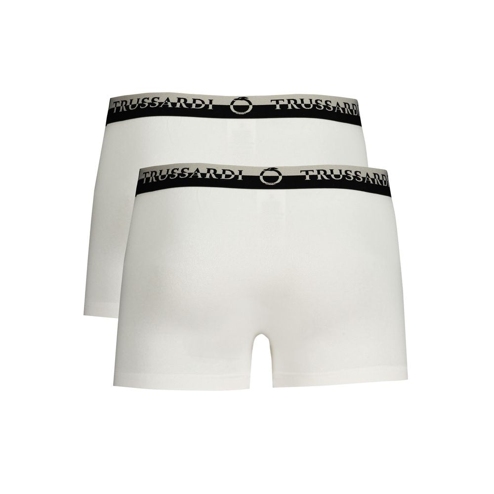 Trussardi White Cotton Underwear bi-pack with logo print, elastic waist, and double elastic boxer parts.