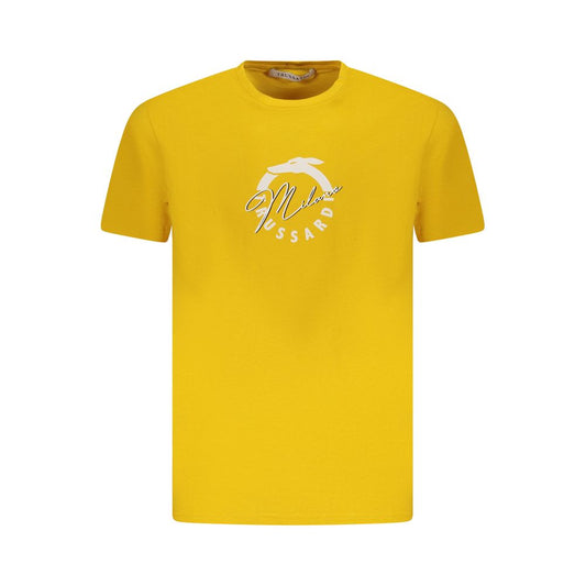 Trussardi Yellow Cotton Men T-Shirt with bold print and logo, short sleeve casual chic, soft comfortable cotton, fashion-forward design.