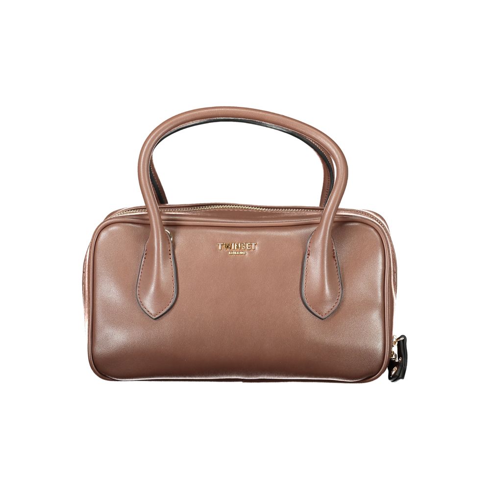 Twinset Brown Polyethylene Women Handbag with top handle and zip closure, featuring adjustable shoulder strap and internal pocket.