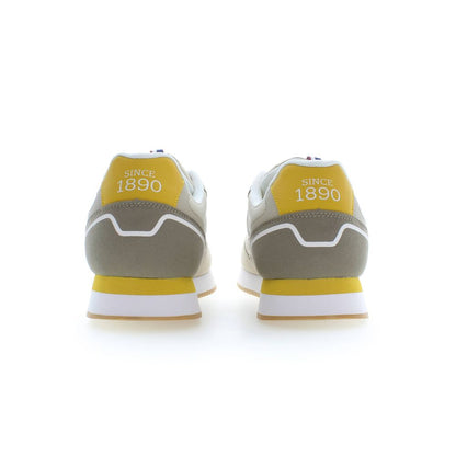 Alt Tag: Back view of U.S. POLO ASSN. Beige Polyester Men Sneaker with striking yellow details and heritage logo design.