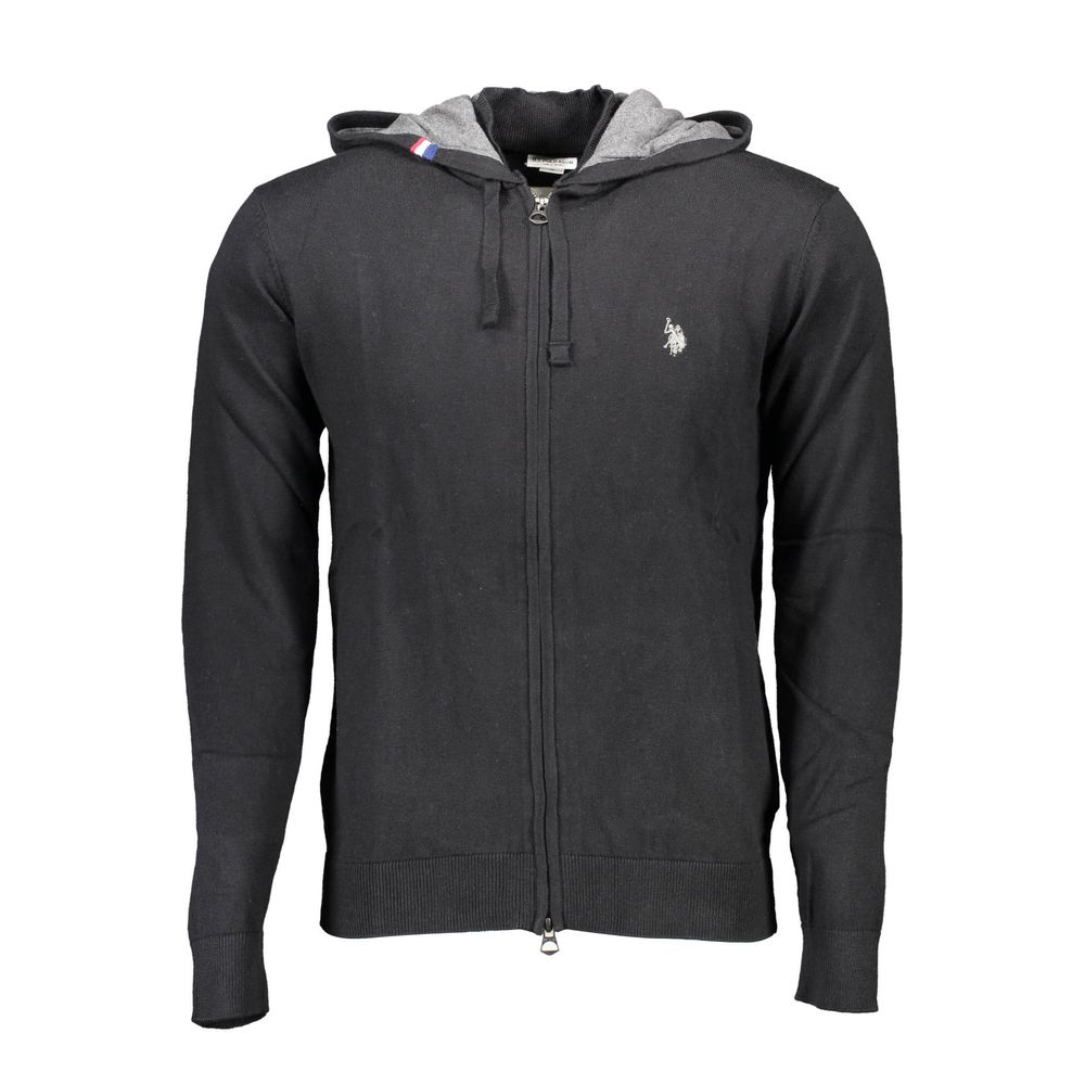 U.S. POLO ASSN. Black Cotton Mens Cardigan with zip closure and hood, featuring iconic logo embroidery, crafted for style and comfort.