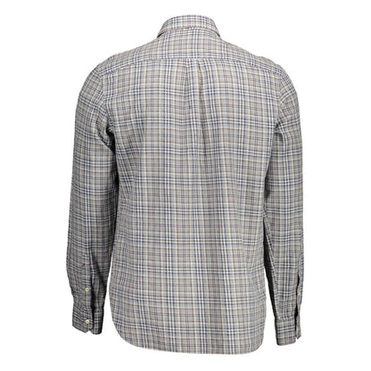 Back view of checkered long sleeve shirt with French collar and button cuffs; versatile for business and casual.