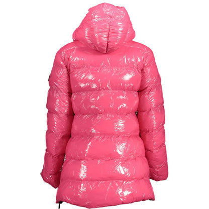 U.S. POLO ASSN. Pink Polyester Women Jacket with hood and side slits, featuring external pockets and logo application, back view.