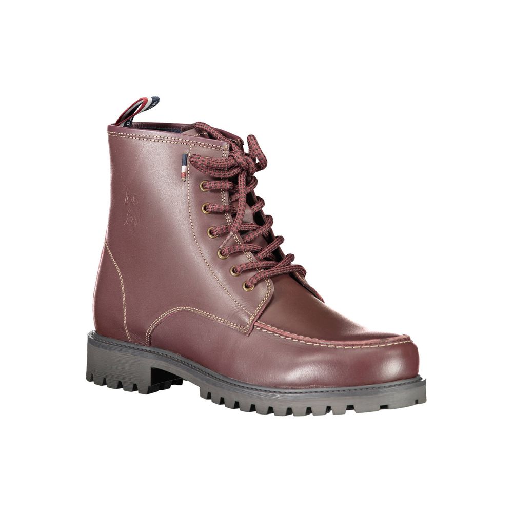 U.S. POLO ASSN. Red Leather Men Boot showcasing lace-up design and rugged sole for stylish comfort and American sophistication.