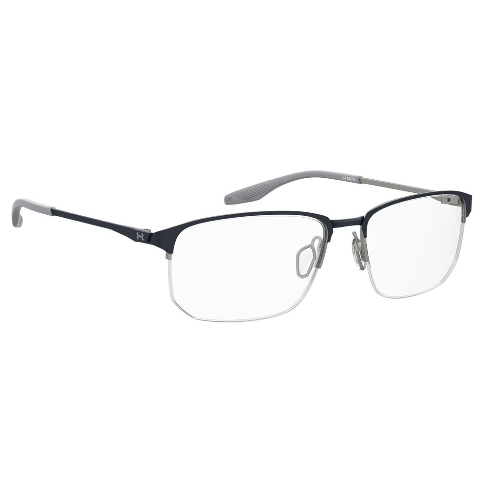 Under Armour Blue Metal Frames eyeglasses with rectangular lenses, 56/17/140 mm dimensions, shown in side view.