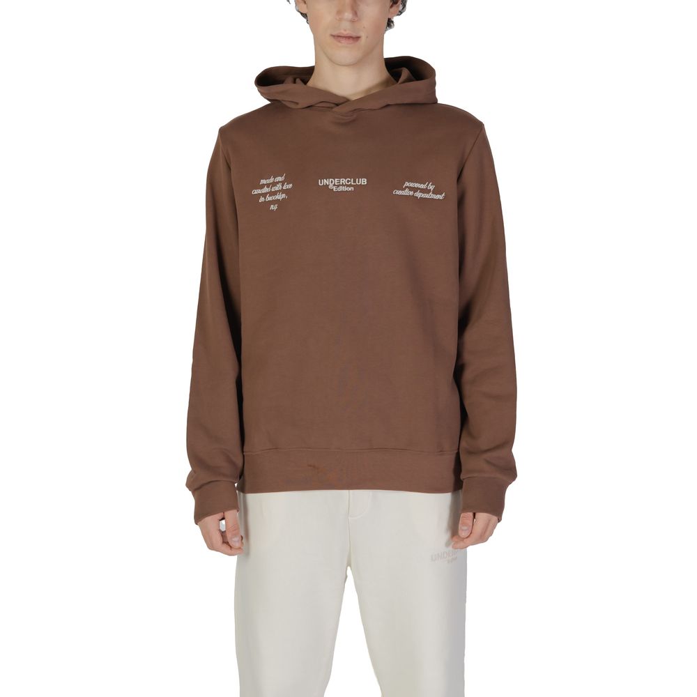 Underclub Brown Cotton Hoody with embroidered text, worn by model. Features adjustable hood, ribbed cuffs, crafted from 100% cotton for comfort.