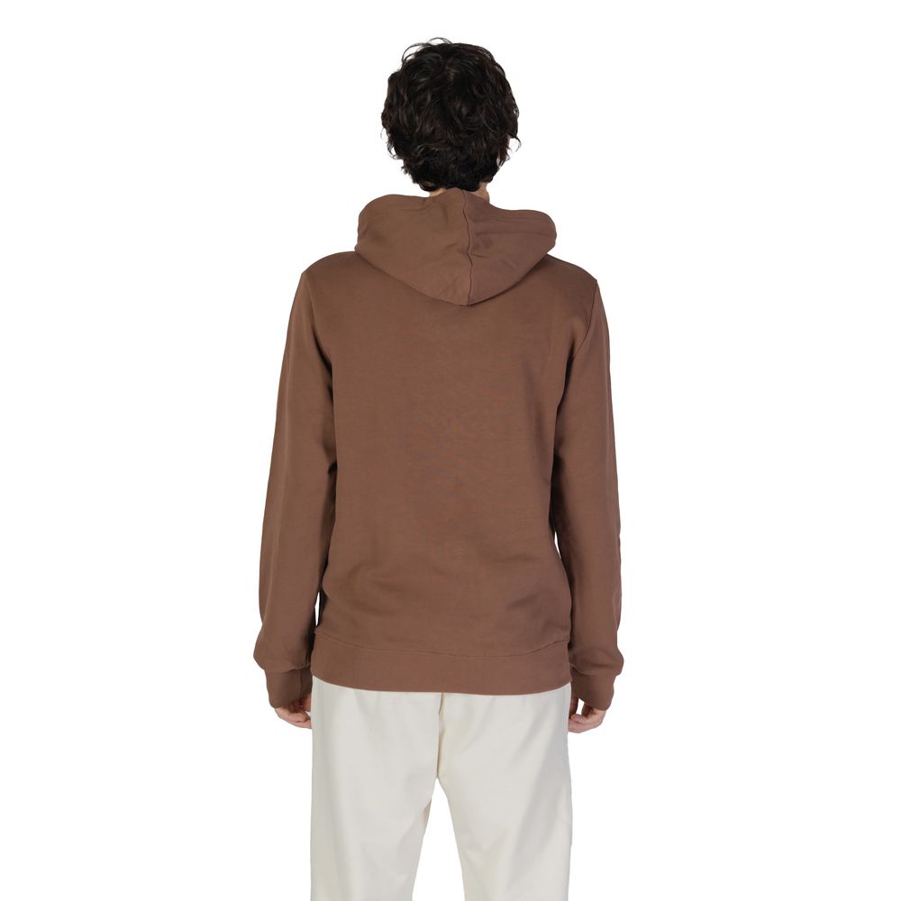 Rear view of Underclub Brown Cotton Hoody worn by model, showcasing ribbed cuffs and hem, adjustable hood, made from 100% cotton.