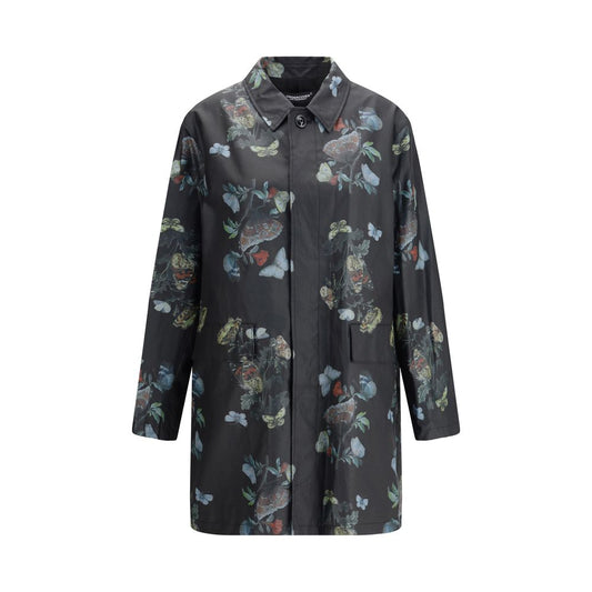 Undercover Black Cotton Coat with floral pattern, featuring waxed cotton, front flap pockets, and cotton lining for versatile style.