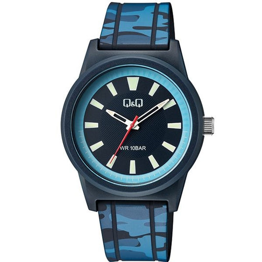 Q&Q Mod. GENT ONLY TIME wristwatch, 40mm resin case, blue camo strap, water resistant 10 ATM, quartz movement, mineral dial.