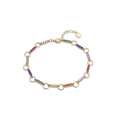 Gold bracelet with multicolored gemstones and circular links.