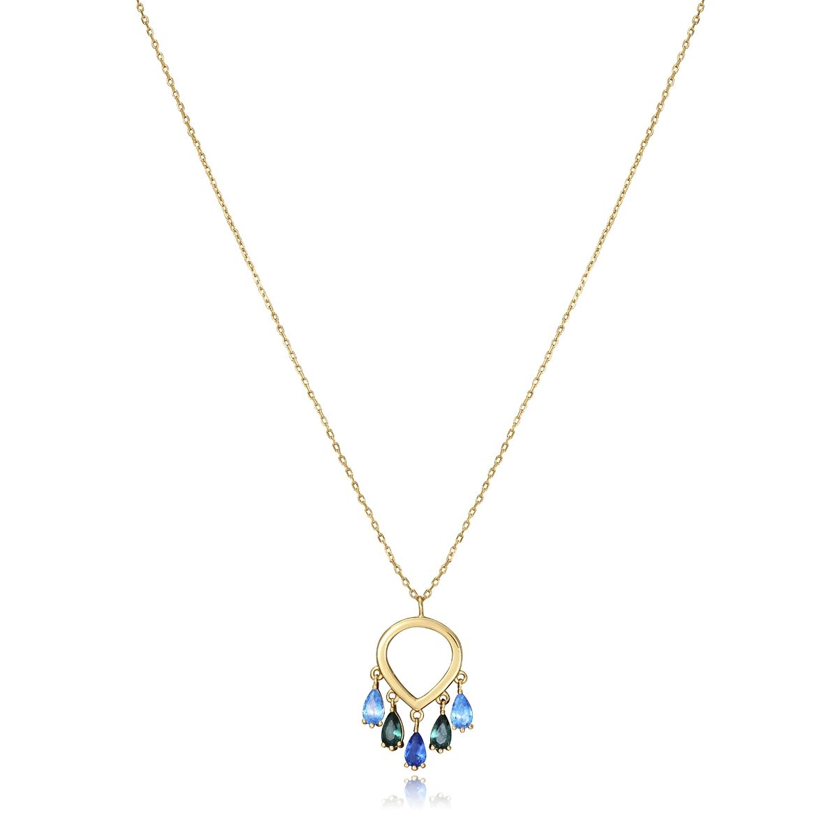 Gold necklace with teardrop pendant and blue gemstones, ideal for ladies, featuring a delicate chain and elegant design.