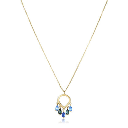 Gold necklace with teardrop pendant and blue gemstones, ideal for ladies, featuring a delicate chain and elegant design.