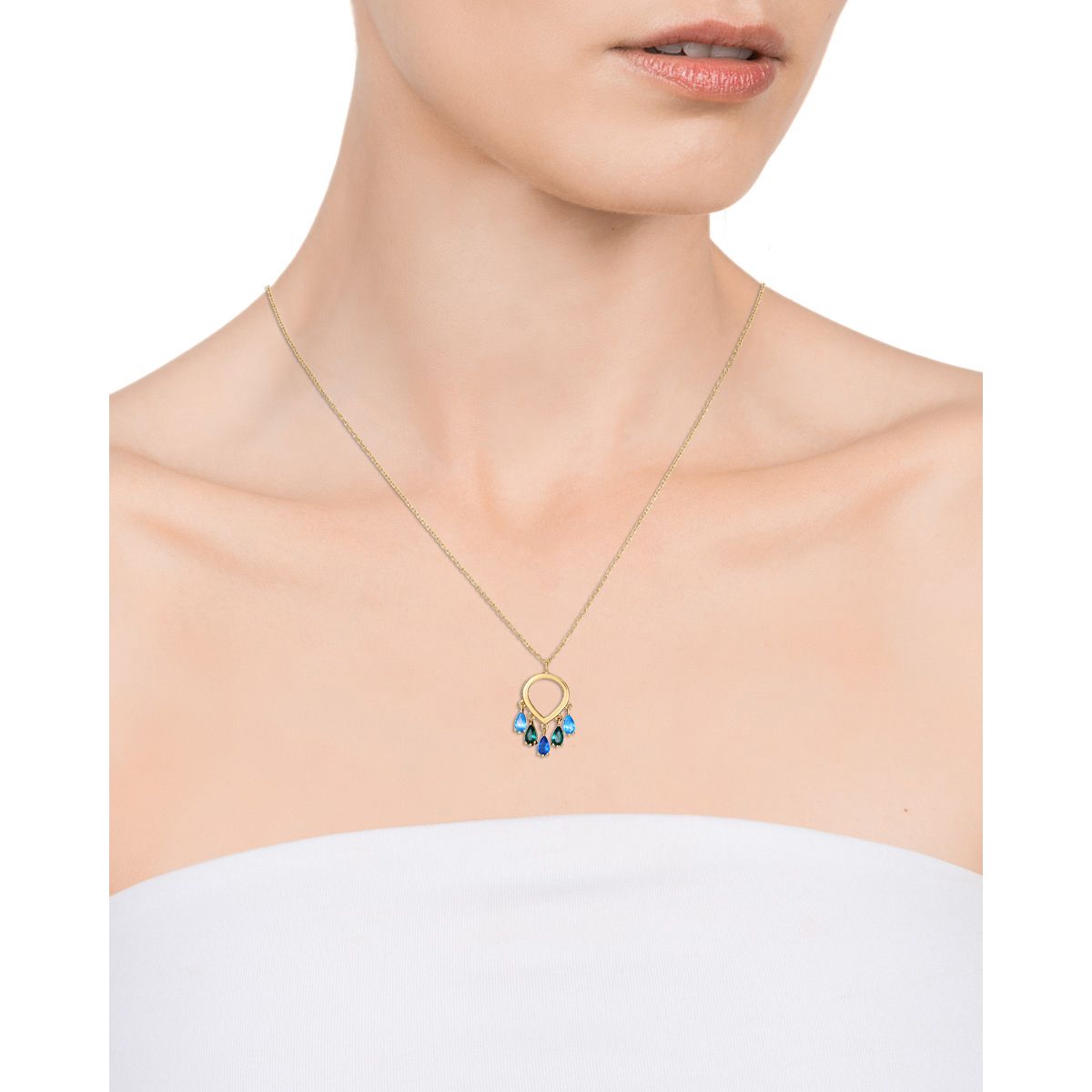 Woman wearing VICEROY JEWELS Mod. 13082C100-39 necklace, quartz analog, silver 925°, blue gemstone charm, 5 ATM water resistant.