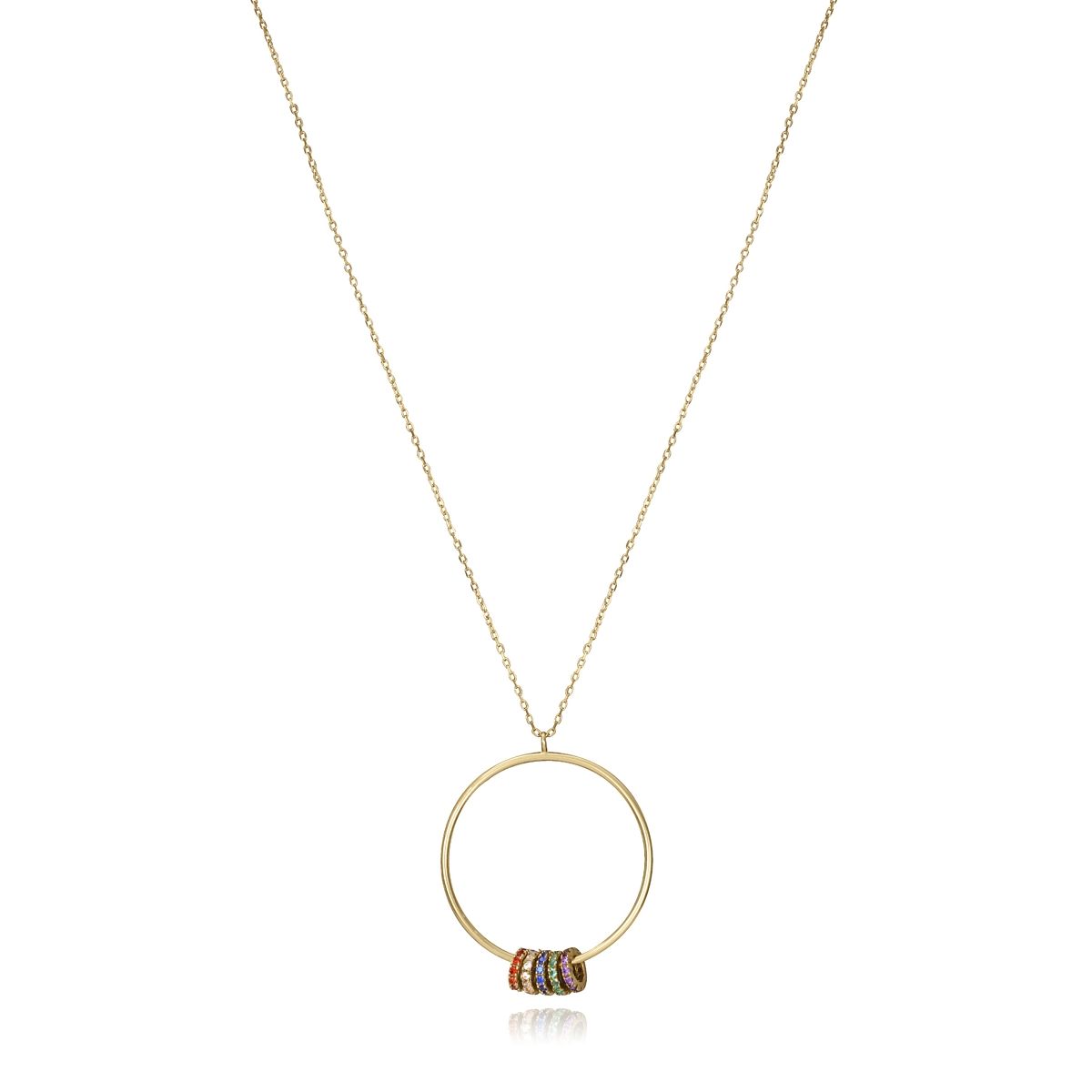 Elegant gold necklace with circular pendant adorned with colorful stones, ideal jewelry for ladies.