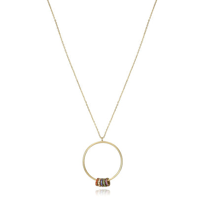Elegant gold necklace with circular pendant adorned with colorful stones, ideal jewelry for ladies.
