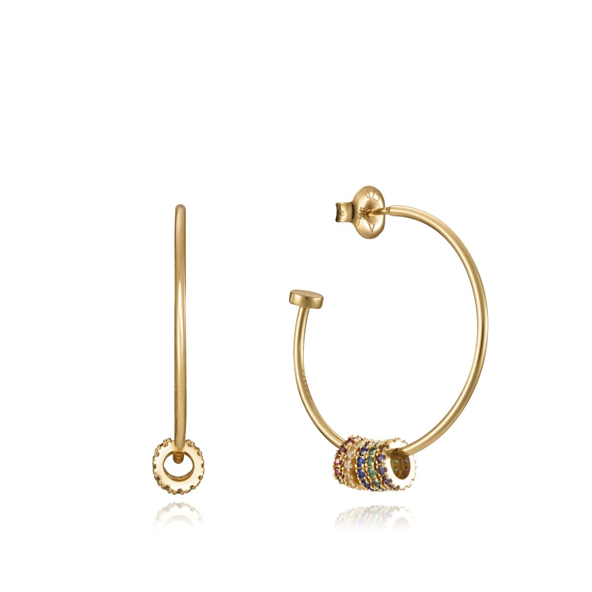Elegant gold hoop earrings with colorful gemstone accents, perfect for stylish occasions.