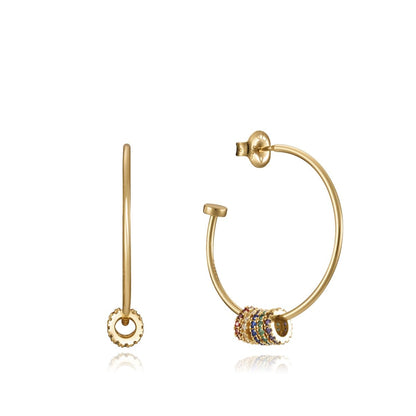 Elegant gold hoop earrings with colorful gemstone accents, perfect for stylish occasions.