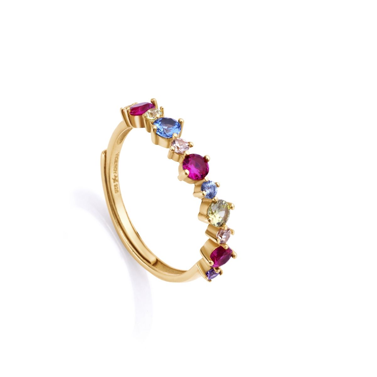 Elegant ring with colorful gemstones on a gold band, showcasing luxurious design and craftsmanship.