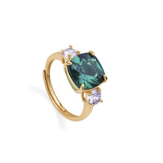 Gold ring with green and purple gemstones, elegant design