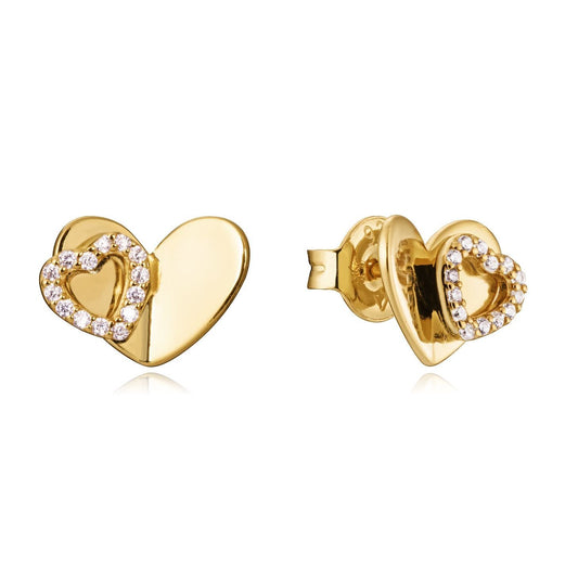 Gold heart-shaped earrings with crystal accents, perfect for fashion jewelry enthusiasts.