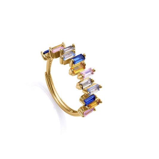 Colorful gemstone ring with gold band displaying a modern design.