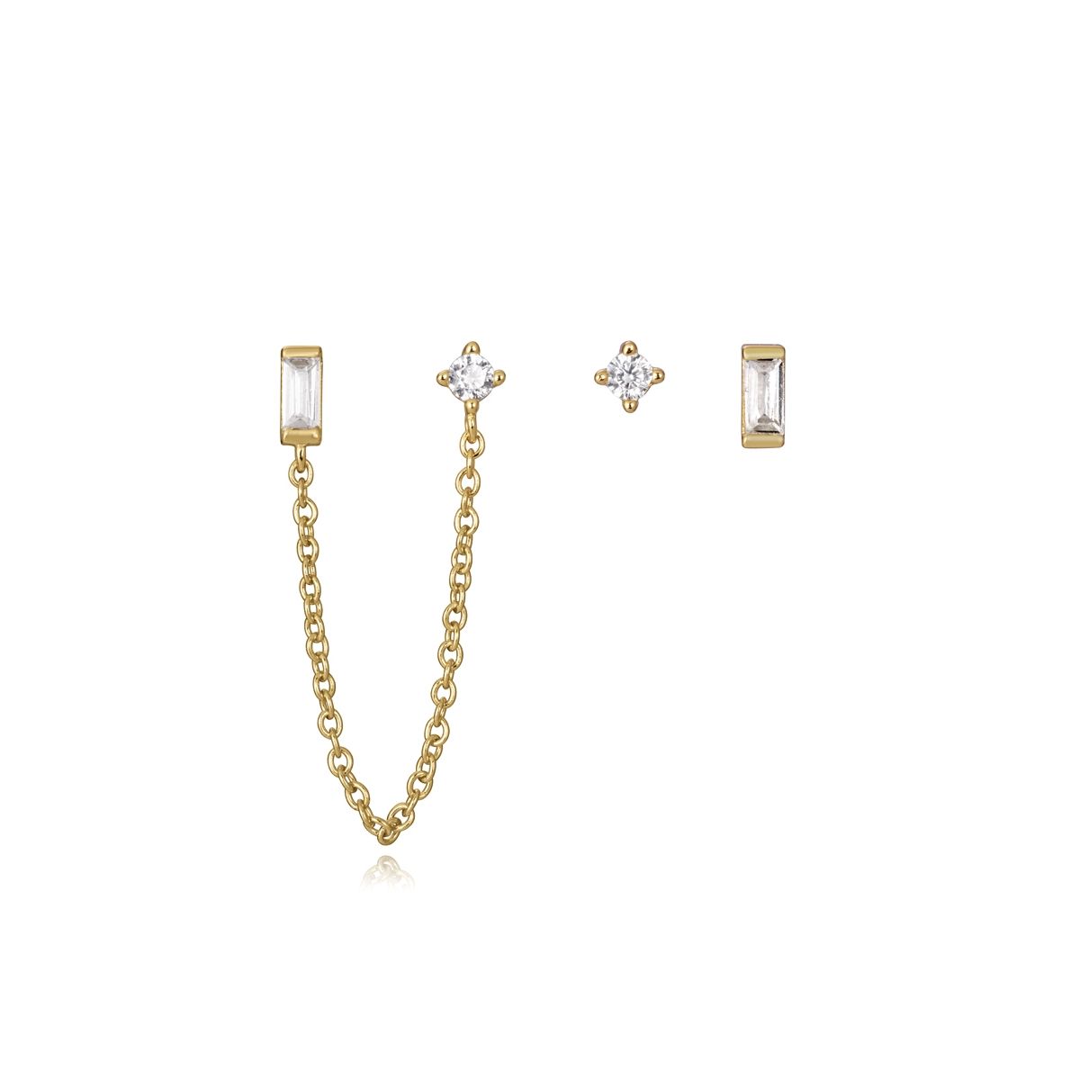Gold chain earrings with crystal studs, elegant design for ladies. Stylish jewelry showcasing minimalist beauty.