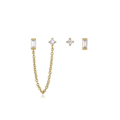 Gold chain earrings with crystal studs, elegant design for ladies. Stylish jewelry showcasing minimalist beauty.